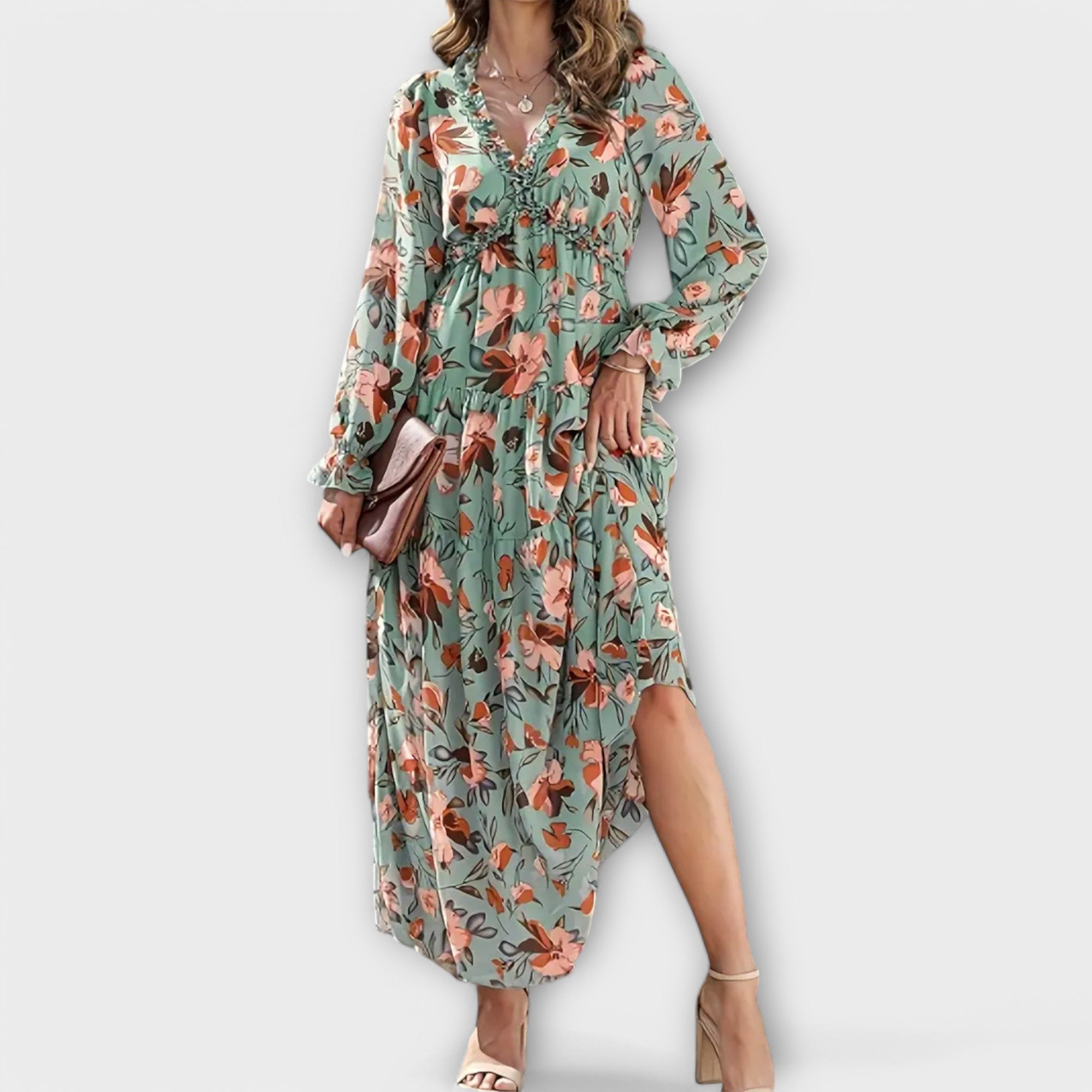 Freja | Blomster V-Hals Maxi Kjole