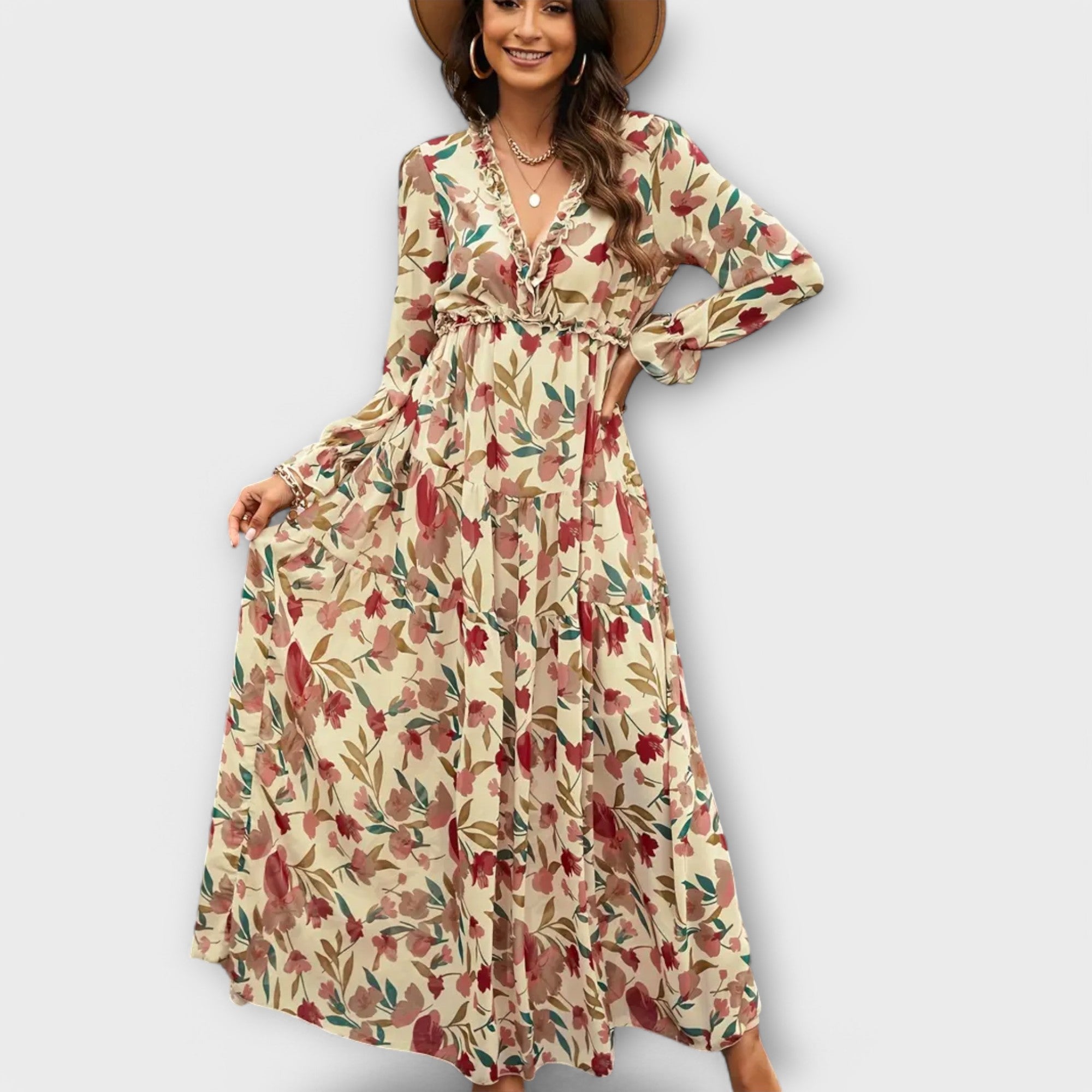 Freja | Blomster V-Hals Maxi Kjole