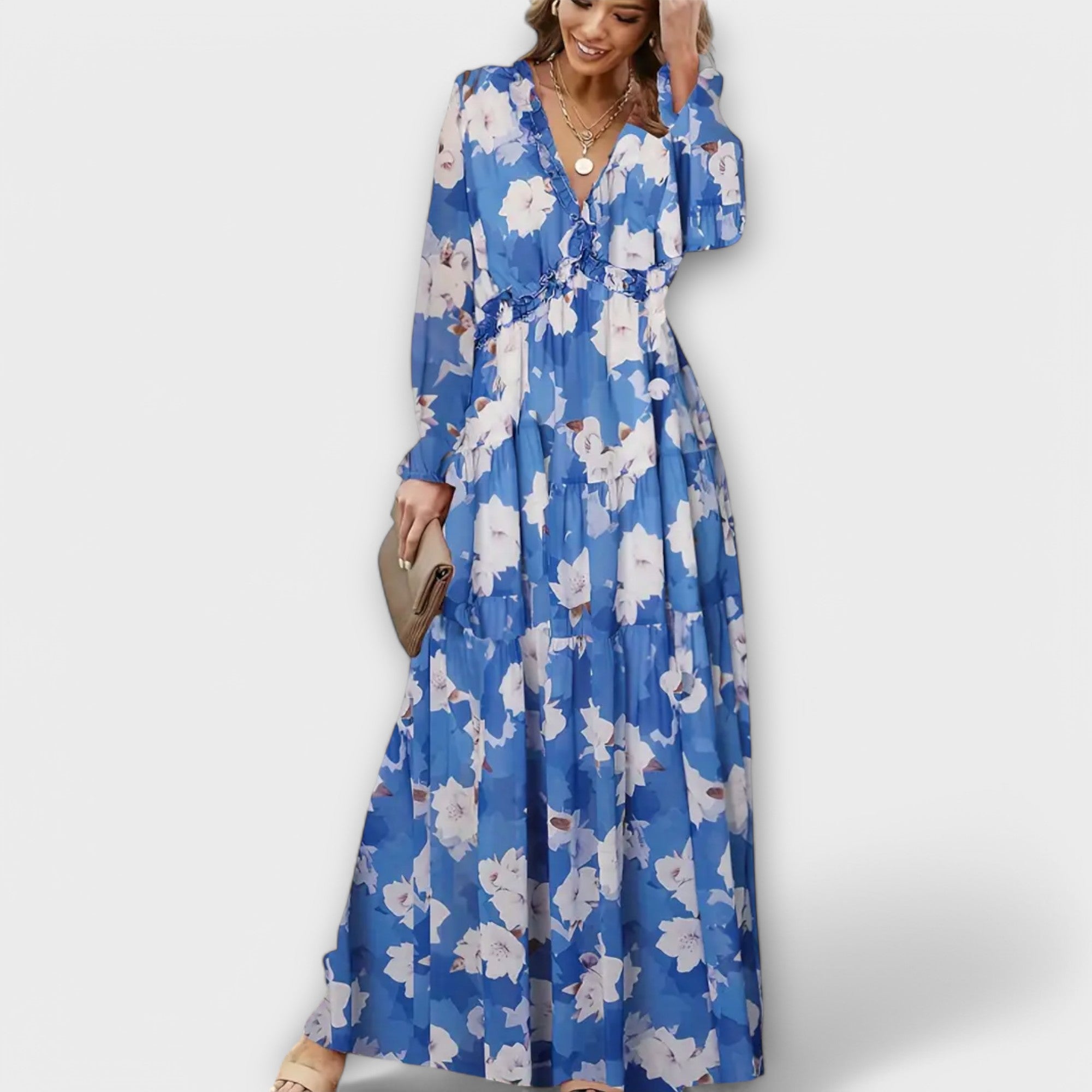 Freja | Blomster V-Hals Maxi Kjole