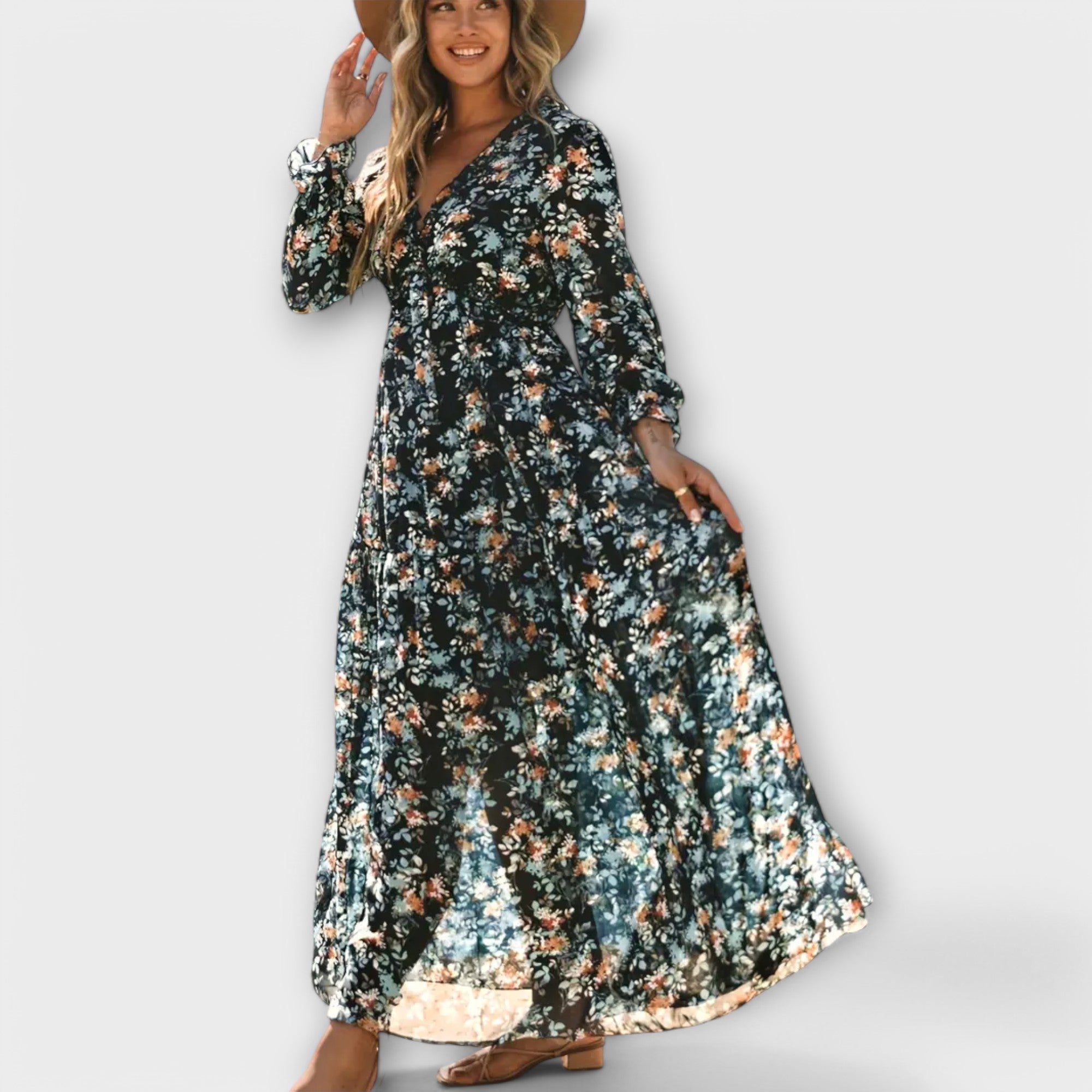 Freja | Blomster V-Hals Maxi Kjole