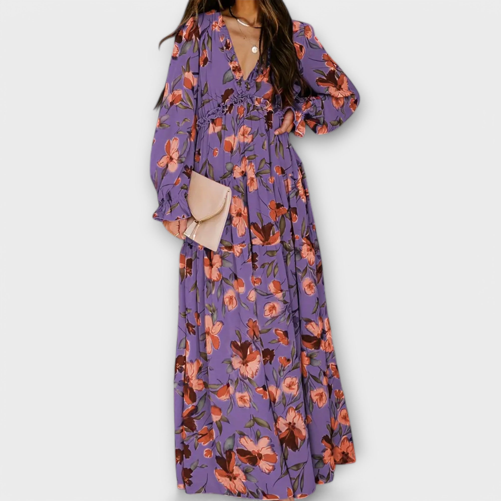 Freja | Blomster V-Hals Maxi Kjole