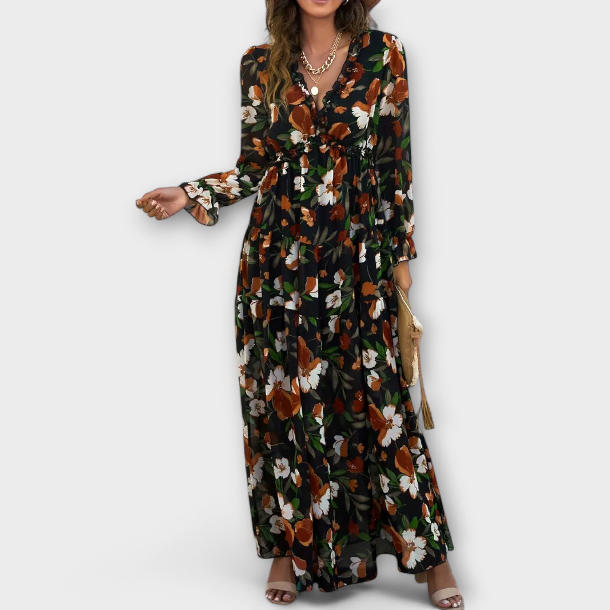 Freja | Blomster V-Hals Maxi Kjole