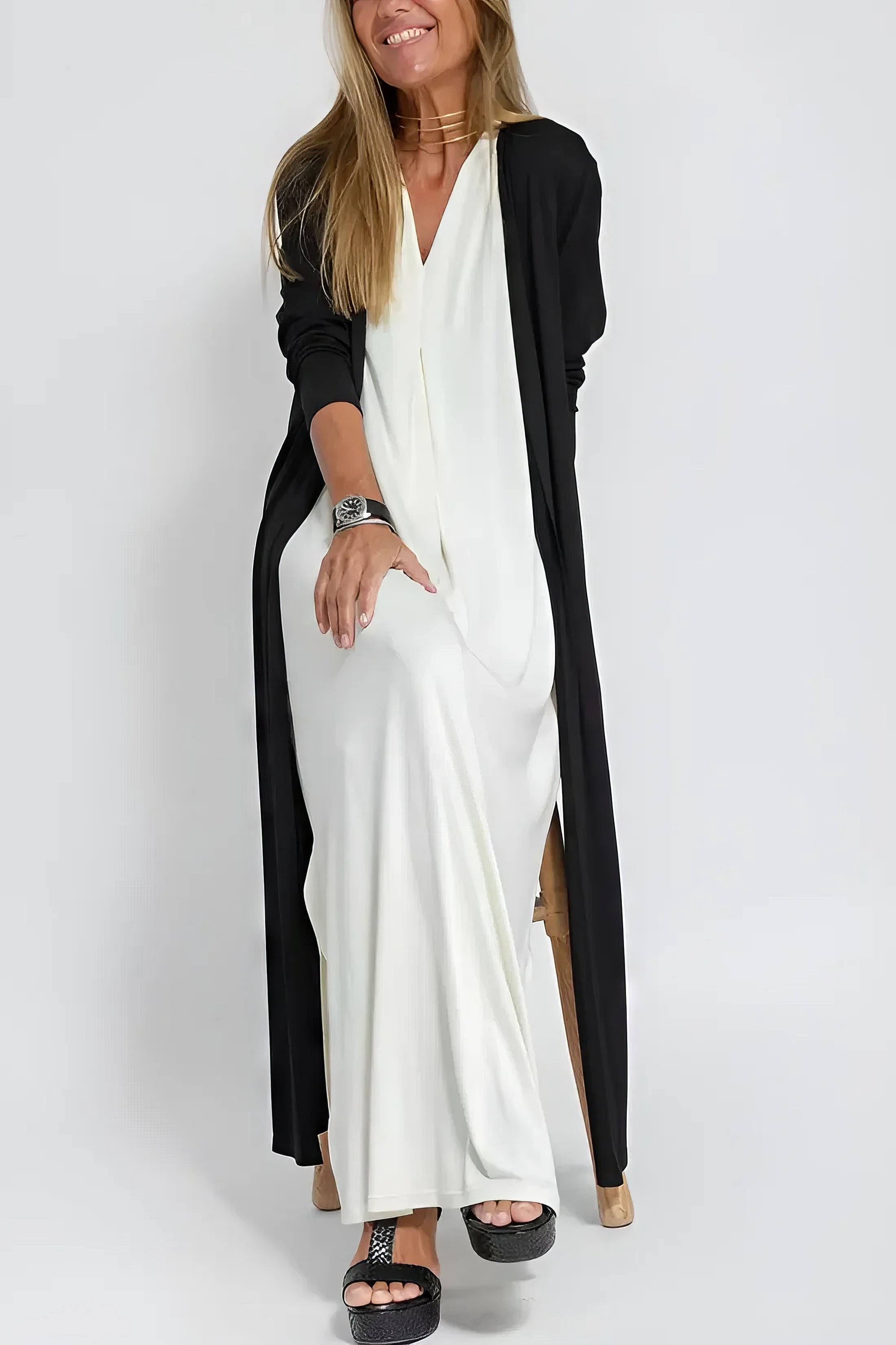 Ava™ | Elegant Lang Kjole + Matchende Cardigan som Gave