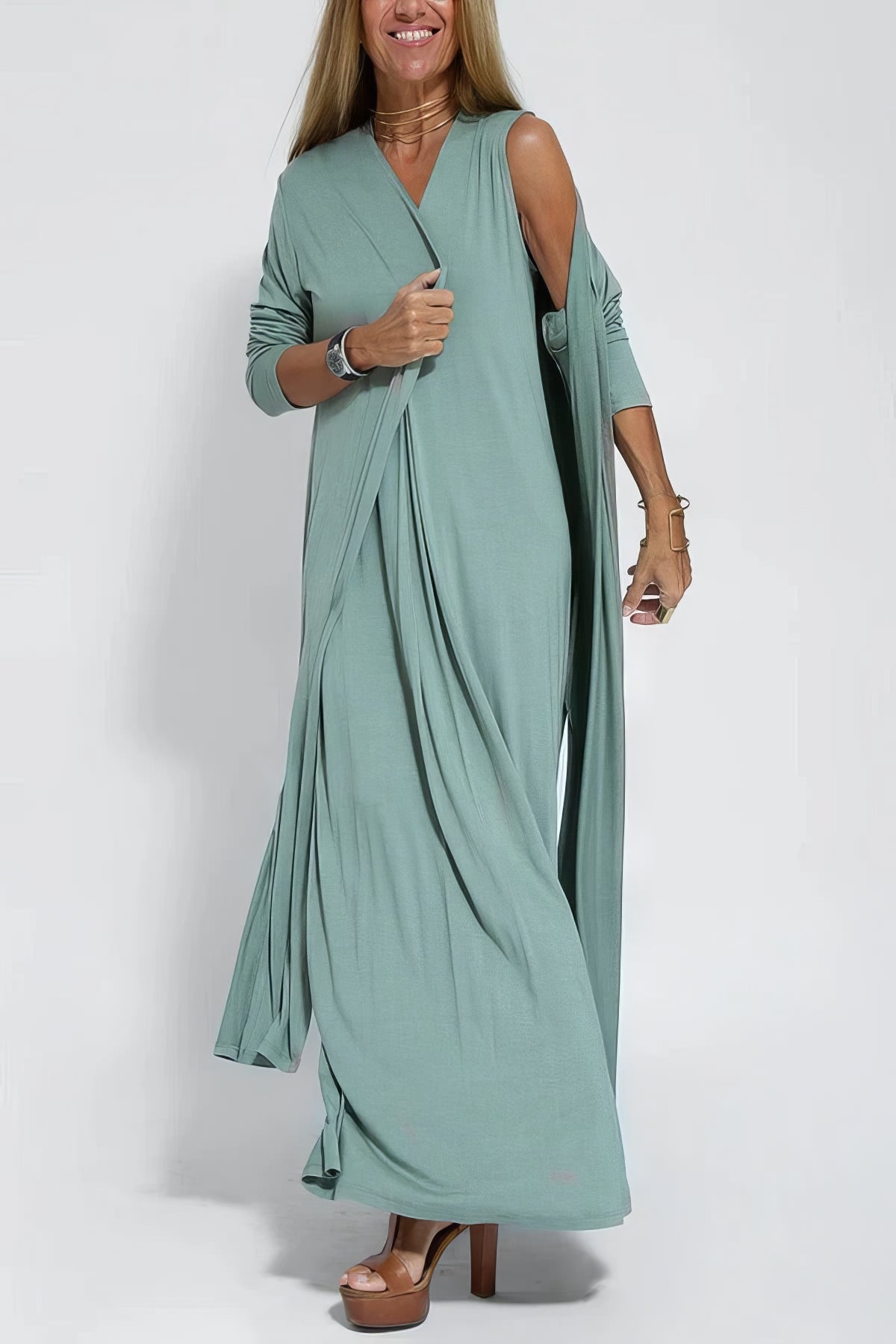 Ava™ | Elegant Lang Kjole + Matchende Cardigan som Gave
